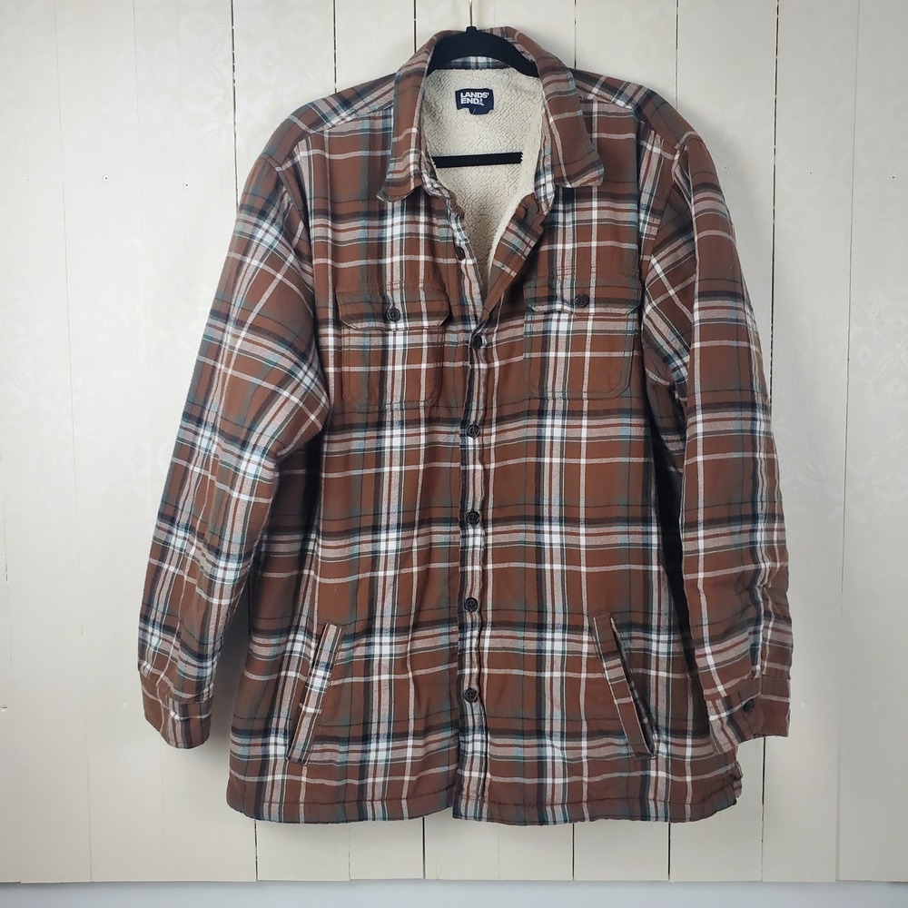Lands End Mens XL Brown Plaid Sherpa Lined Flannel Jacket Heavyweight Shacket